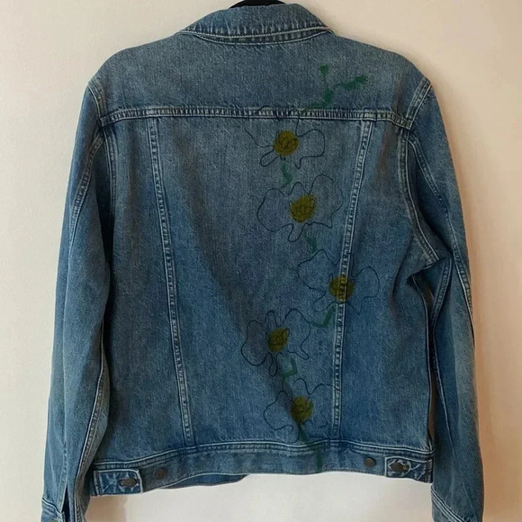 Madewell Cotton Denim Handpainted Floral Jacket Custom T Initial Size M Blue NWT - Picture 2 of 8